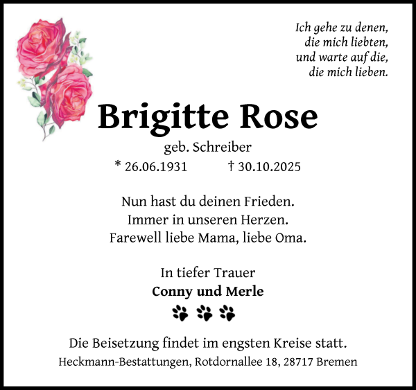 Traueranzeige von Brigitte Rose von Die Norddeutsche
