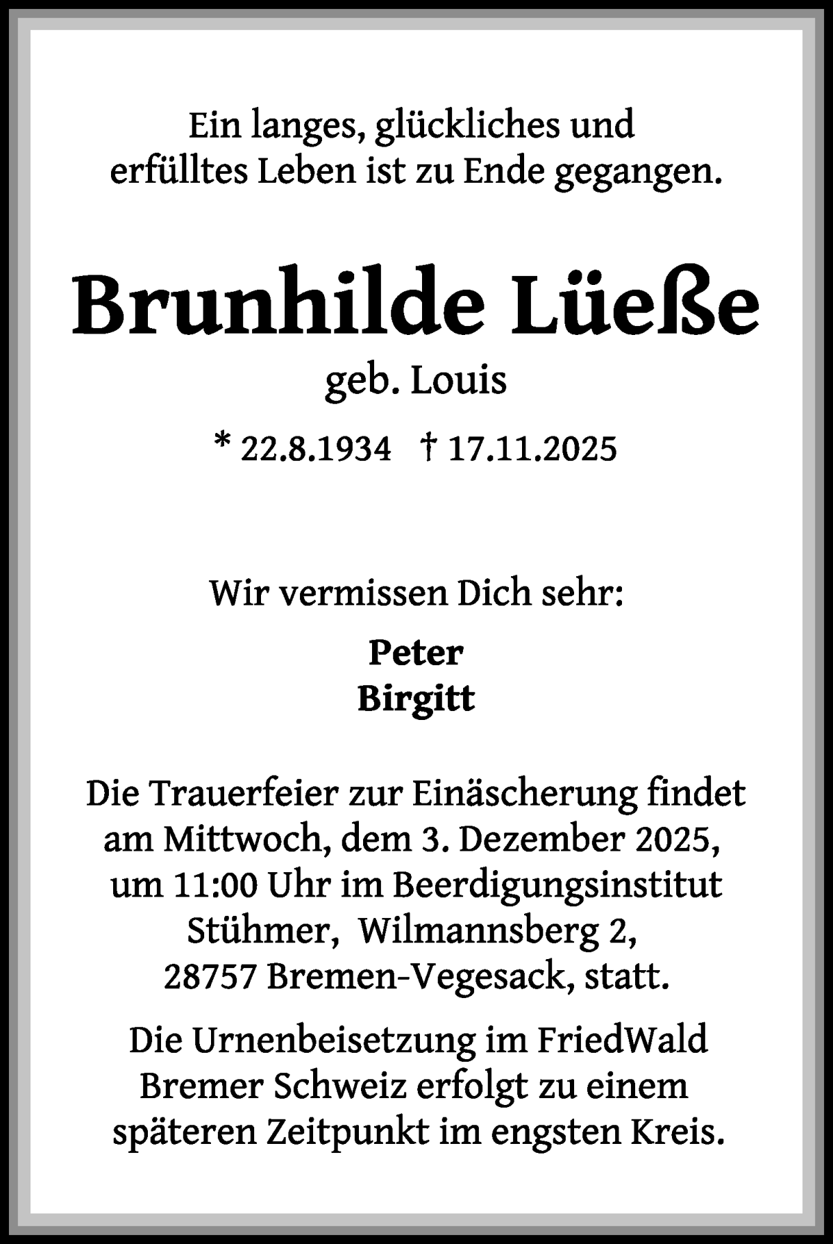 Traueranzeige von Brunhilde Lüeße von WESER-KURIER