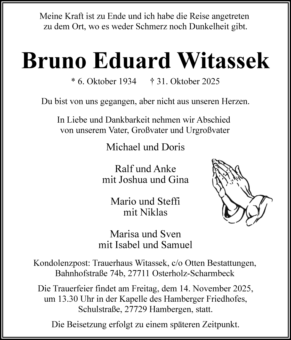 Traueranzeige von Bruno Eduard Witassek von Osterholzer Kreisblatt