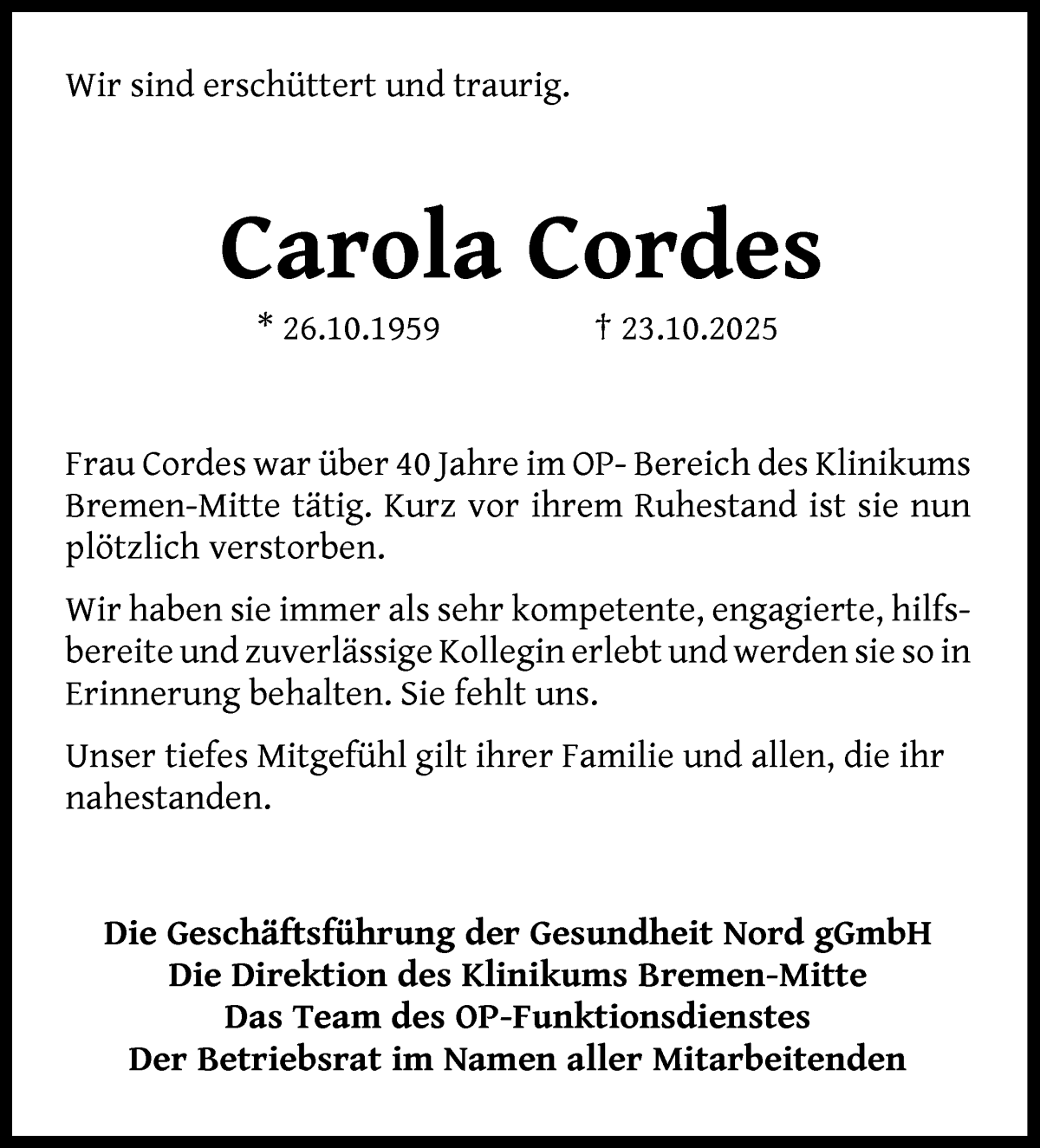 Traueranzeige von Carola Cordes von WESER-KURIER