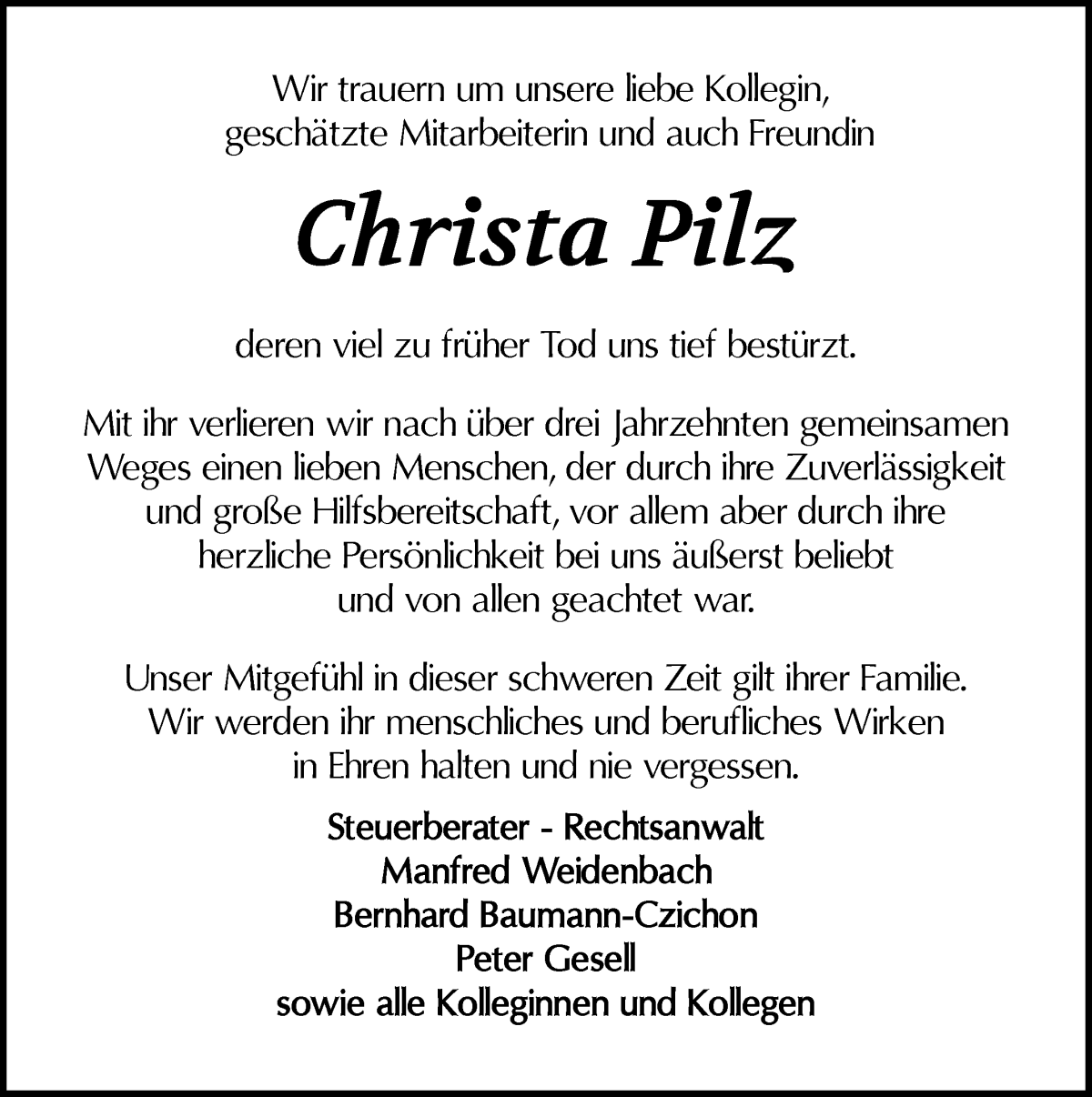 Traueranzeige von Christa Pilz von WESER-KURIER