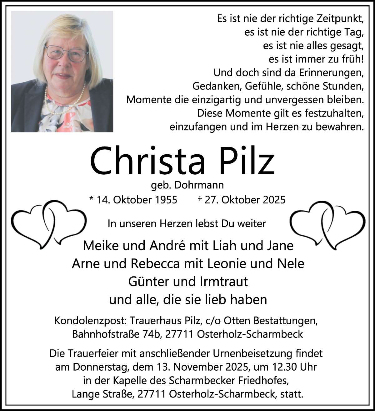 Traueranzeige von Christa Pilz von Osterholzer Kreisblatt