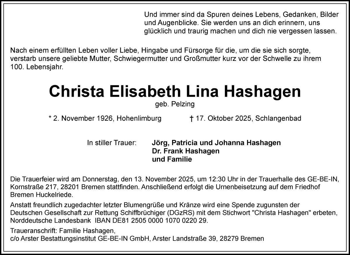 Traueranzeige von Christa Elisabeth Lina Hashagen von WESER-KURIER