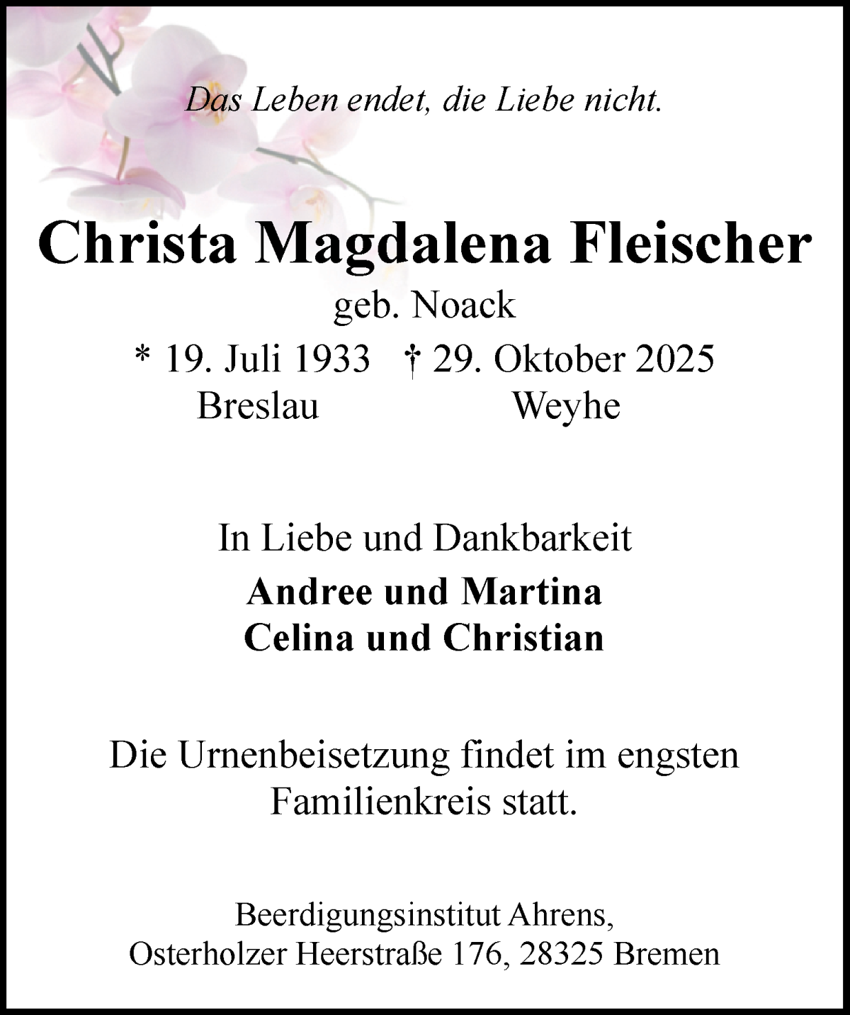 Traueranzeige von Christa Magdalena Fleischer von WESER-KURIER