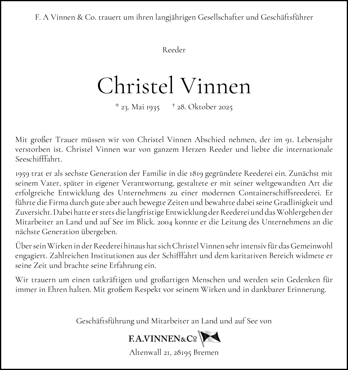  Traueranzeige für Christel Vinnen vom 08.11.2025 aus WESER-KURIER