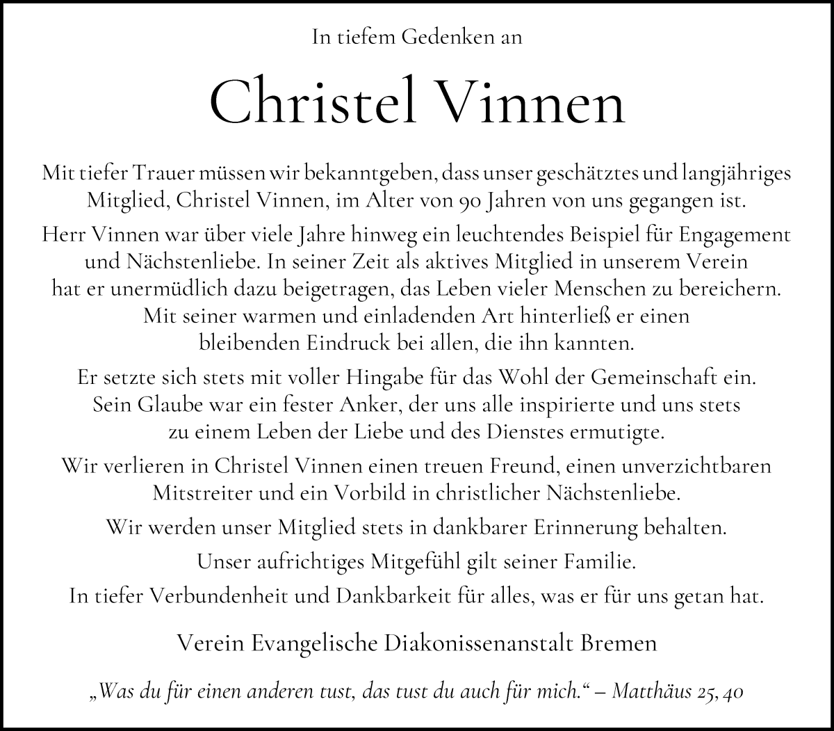  Traueranzeige für Christel Vinnen vom 08.11.2025 aus WESER-KURIER