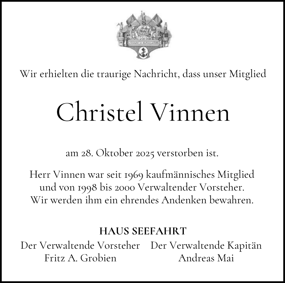  Traueranzeige für Christel Vinnen vom 08.11.2025 aus WESER-KURIER