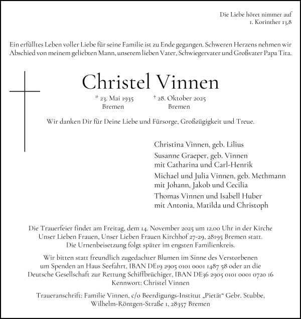Traueranzeige von Christel Vinnen von WESER-KURIER