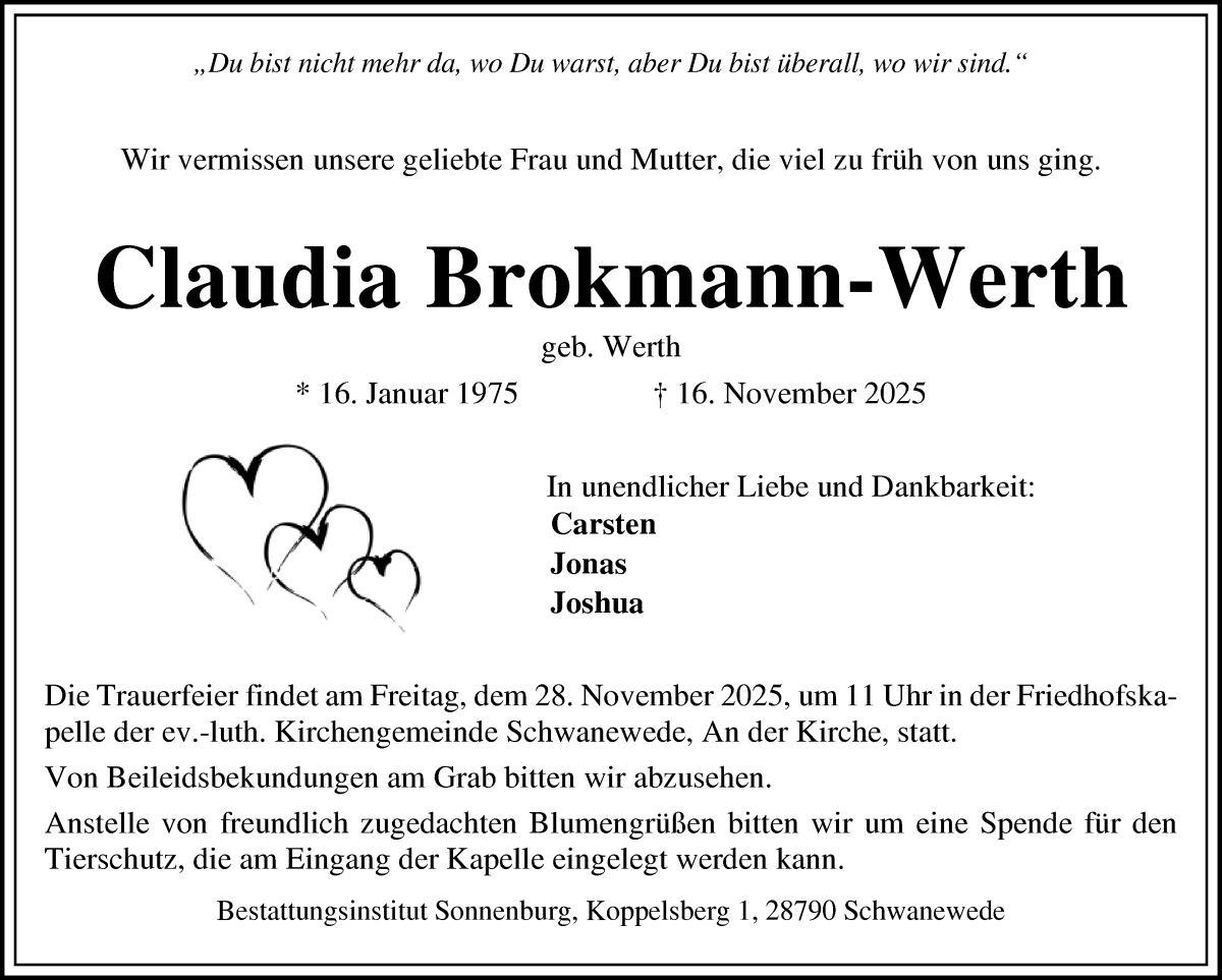 Traueranzeige von Claudia Brokmann-Werth von Die Norddeutsche