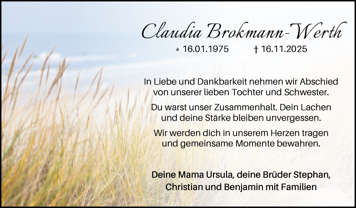 Traueranzeige von Claudia Brokmann-Werth von Die Norddeutsche