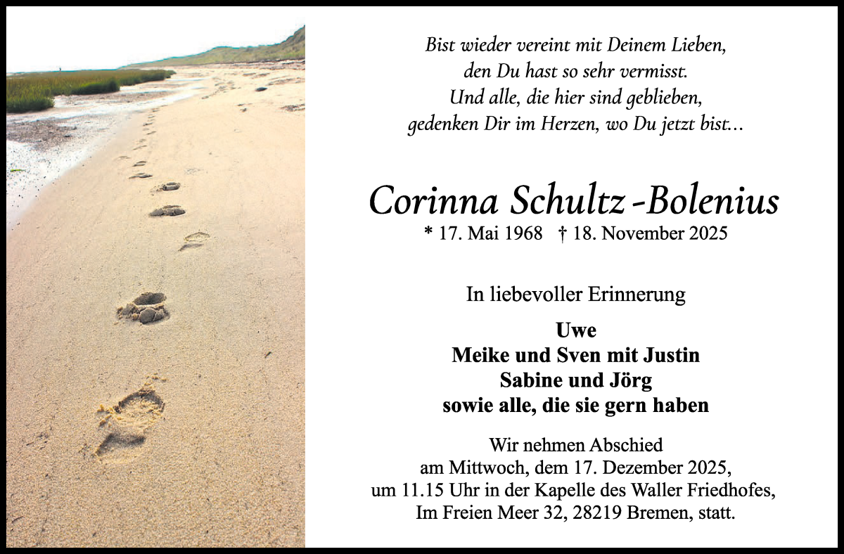  Traueranzeige für Corinna Schultz vom 29.11.2025 aus WESER-KURIER