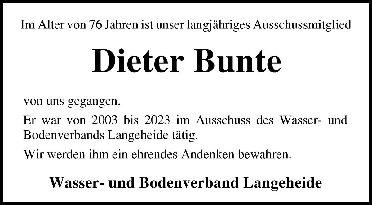 Traueranzeige von Dieter Bunte von Osterholzer Kreisblatt