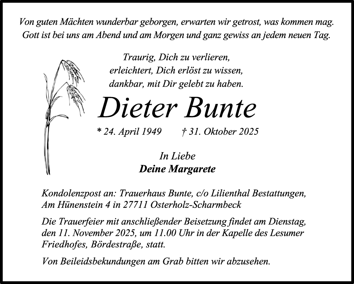 Traueranzeige von Dieter Bunte von Osterholzer Kreisblatt