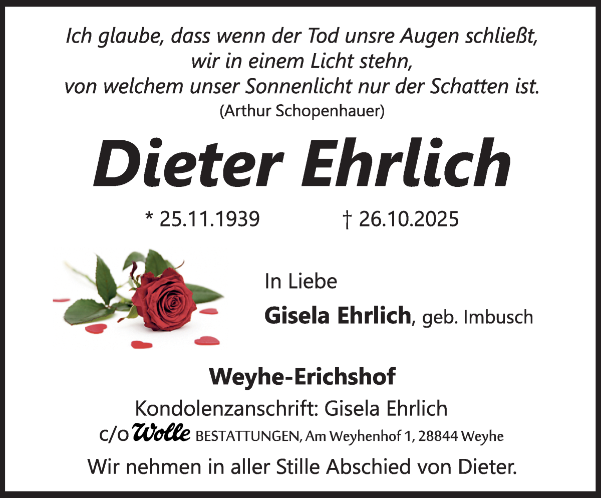 Traueranzeige von Dieter Ehrlich von WESER-KURIER