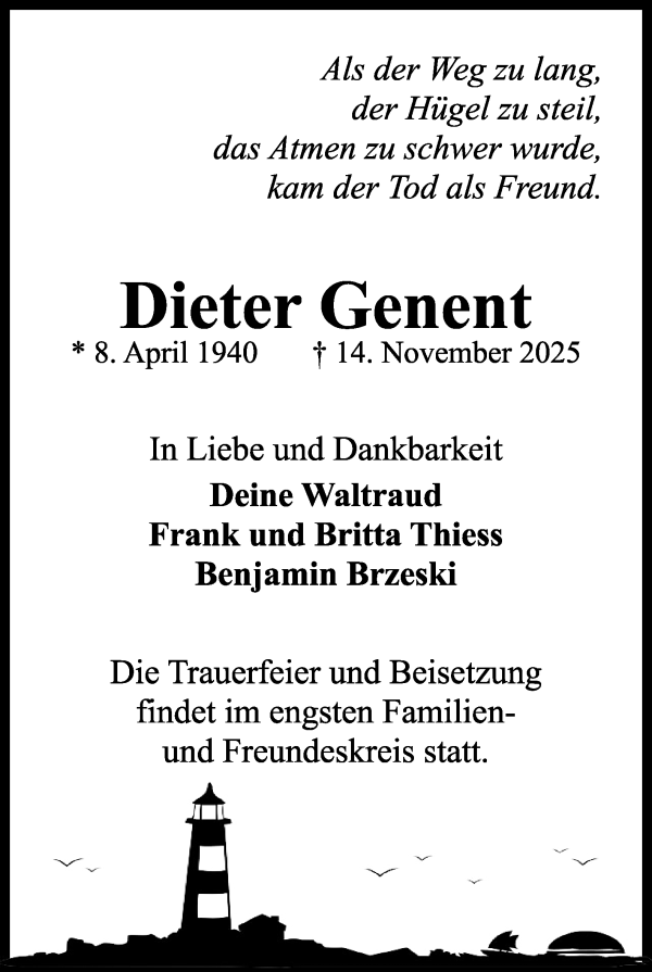 Traueranzeige von Dieter Genent von WESER-KURIER