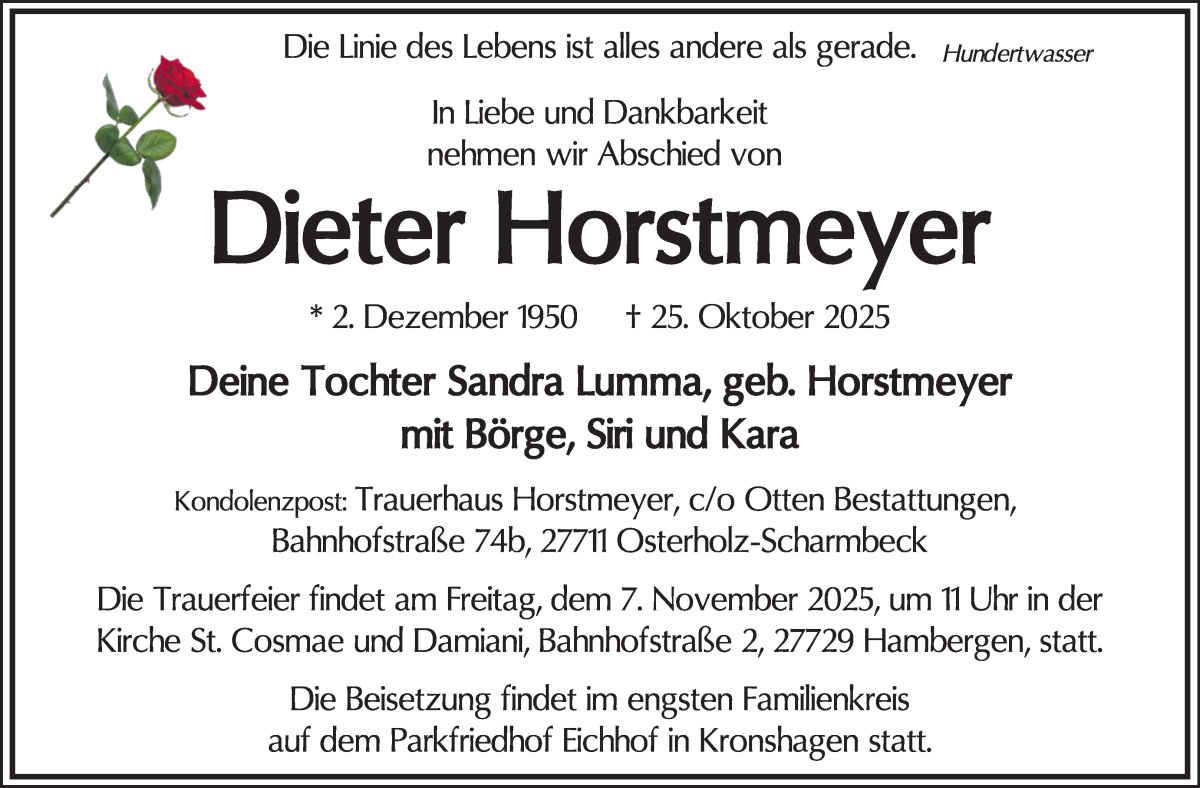 Traueranzeige von Dieter Horstmeyer von Osterholzer Kreisblatt