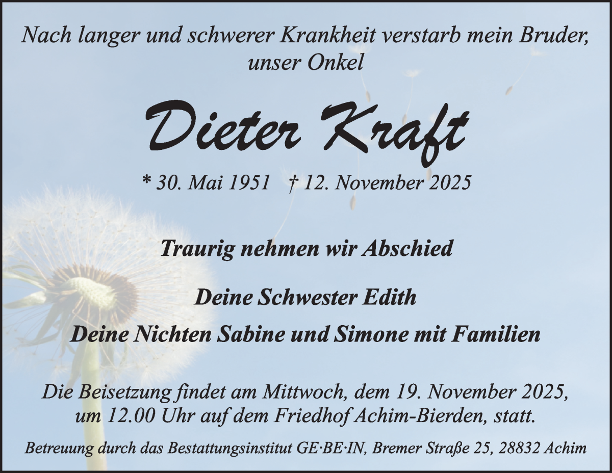  Traueranzeige für Dieter Kraft vom 15.11.2025 aus WESER-KURIER