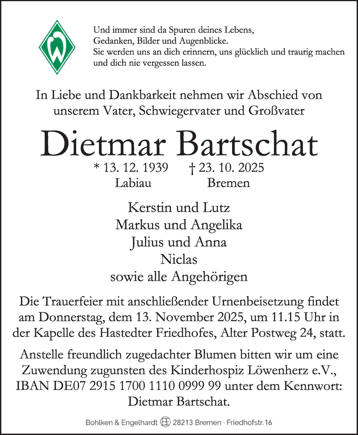 Traueranzeige von Dietmar Bartschat von WESER-KURIER