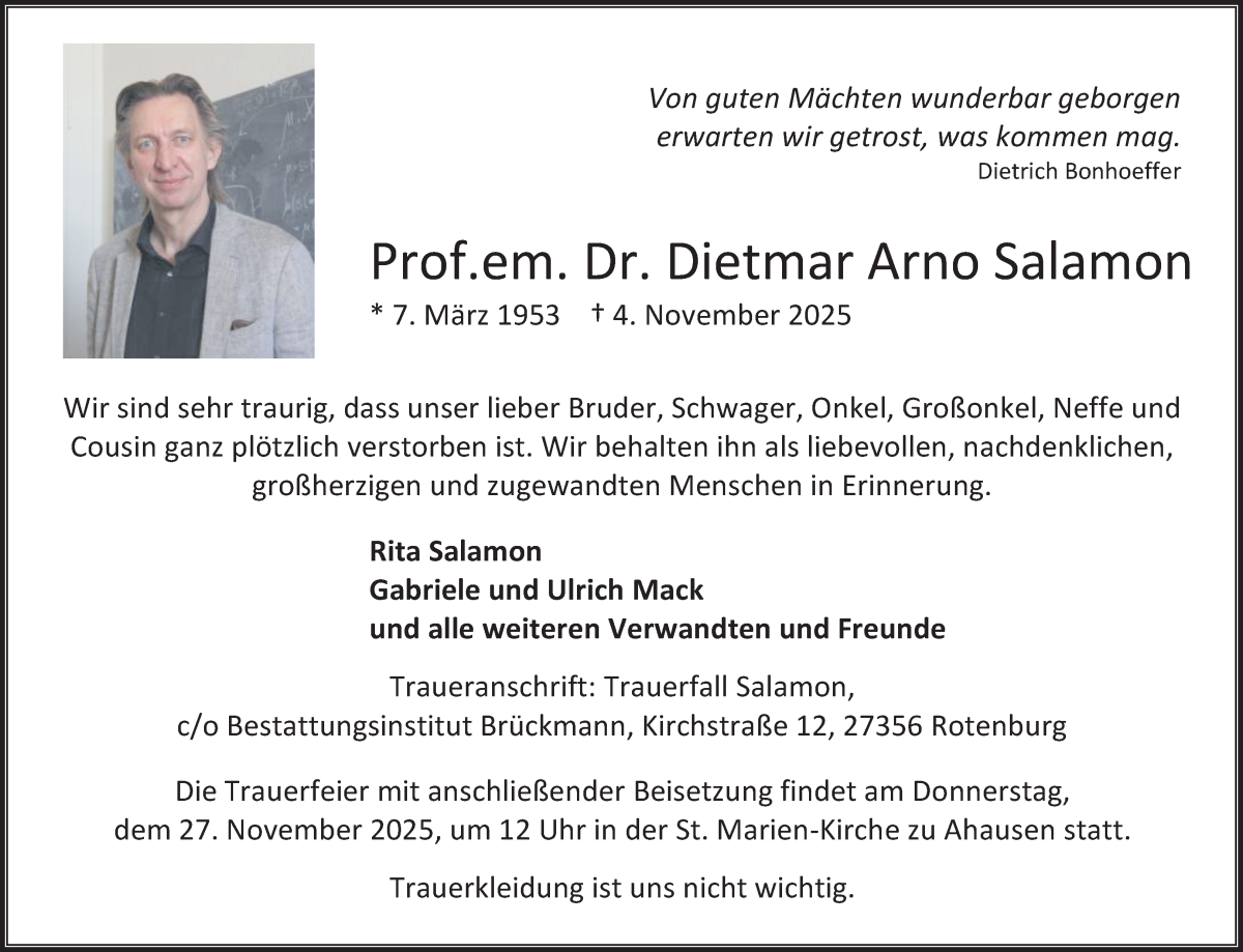Traueranzeige von Dietmar Arno Salamon von WESER-KURIER