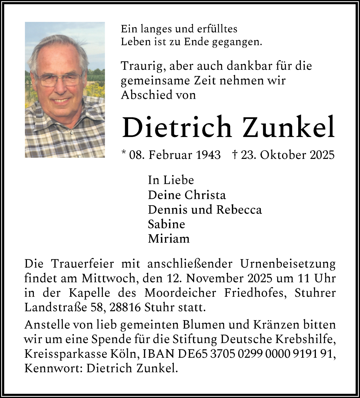 Traueranzeige von Dietrich Zunkel von WESER-KURIER