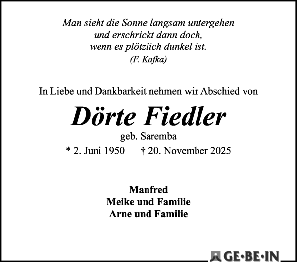 Traueranzeige von Dörte Fiedler von WESER-KURIER