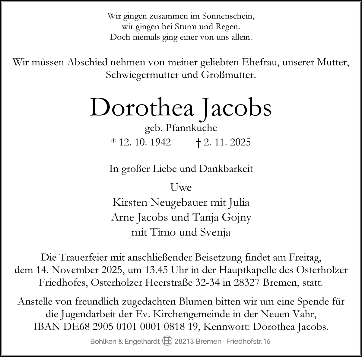 Traueranzeige von Dorothea Jacobs von WESER-KURIER