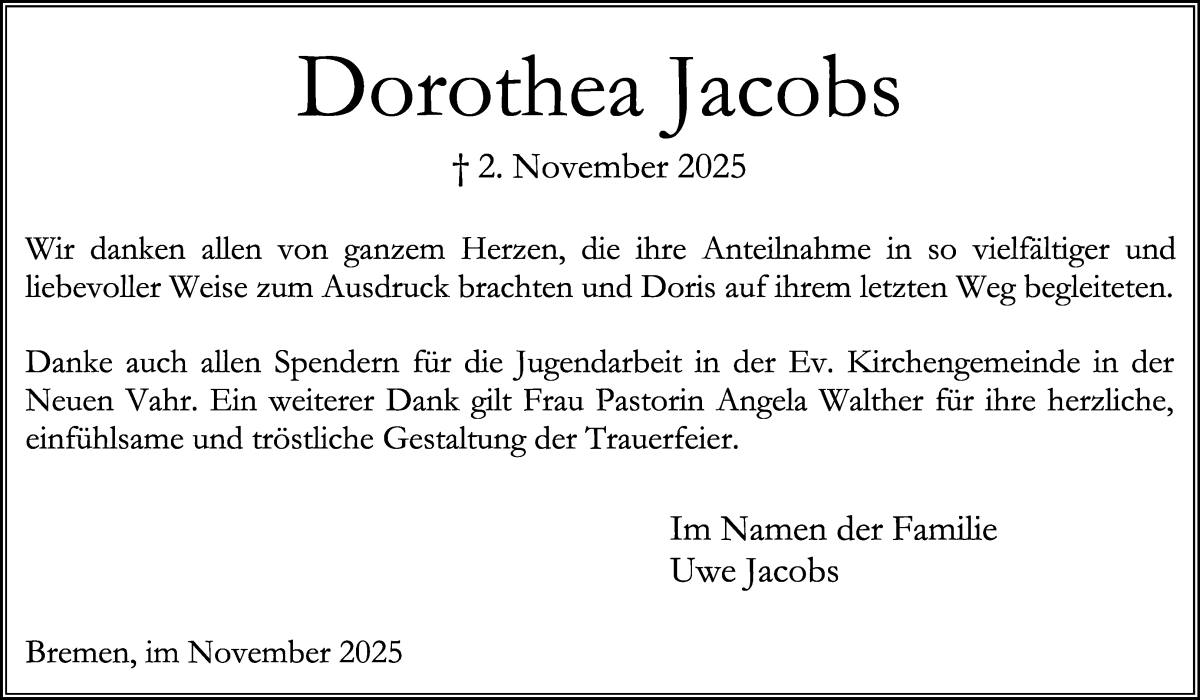 Traueranzeige von Dorothea Jacobs von WESER-KURIER