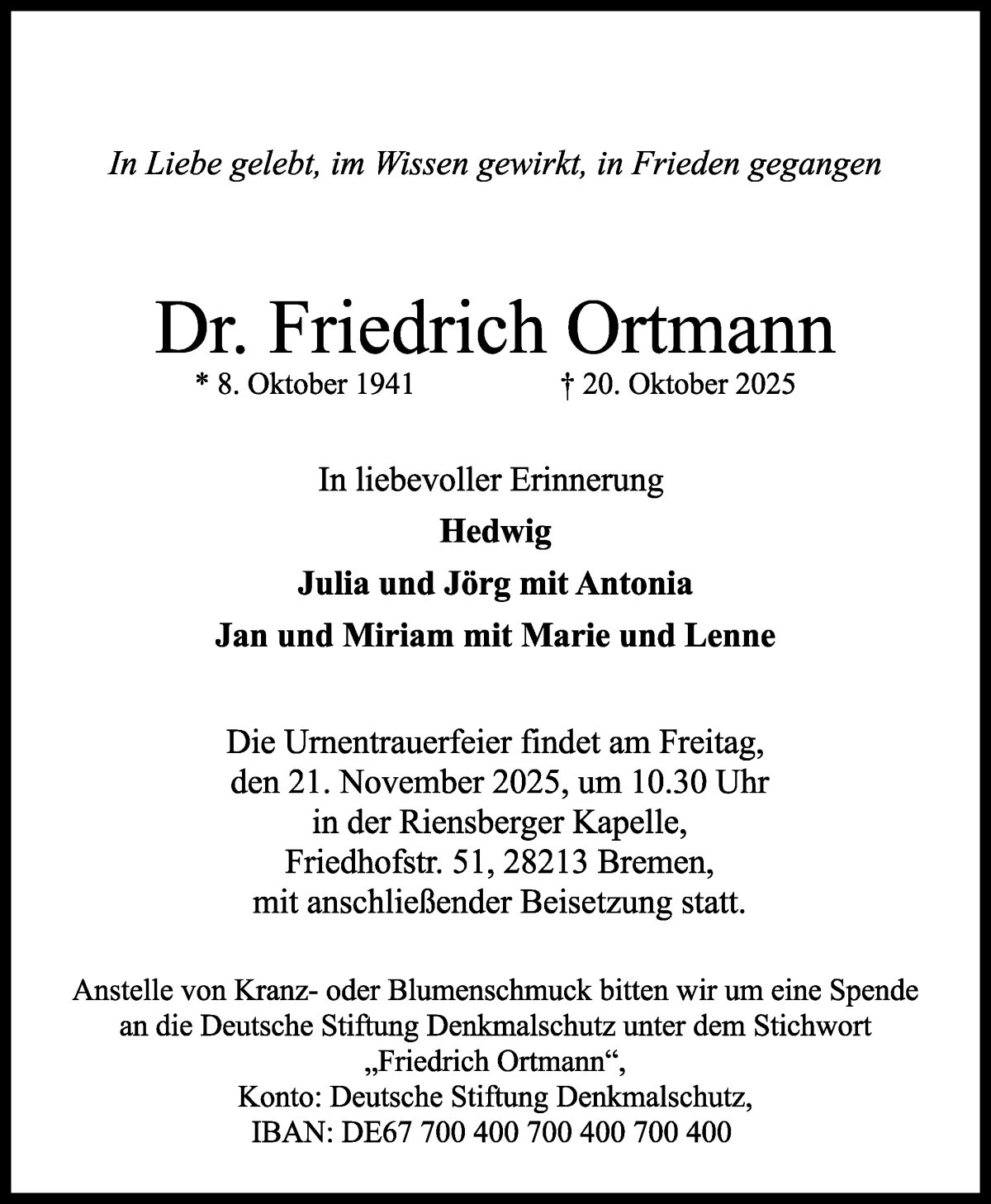 Traueranzeige von Dr. Friedrich Ortmann von WESER-KURIER