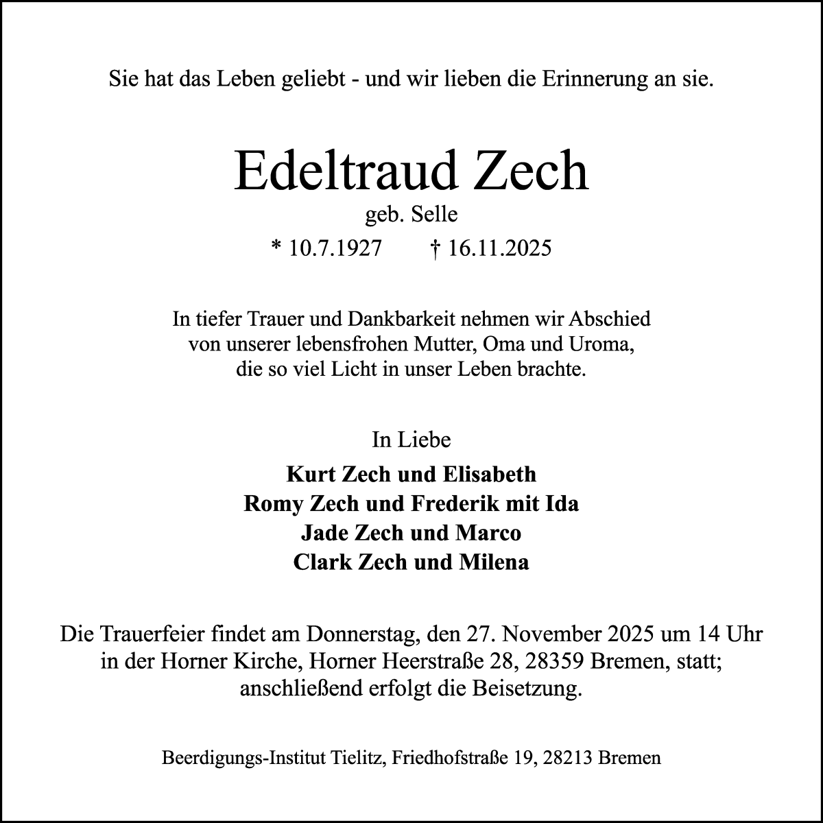 Traueranzeige von Edeltraud Zech von WESER-KURIER