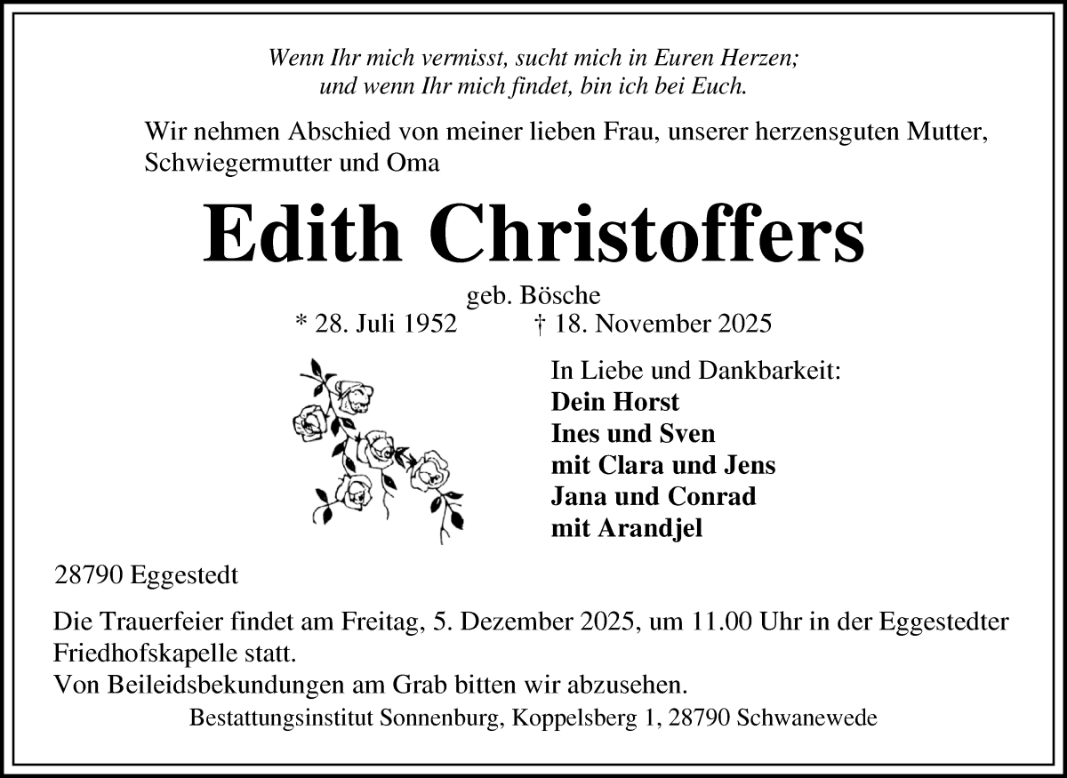 Traueranzeige von Edith Christoffers von Die Norddeutsche