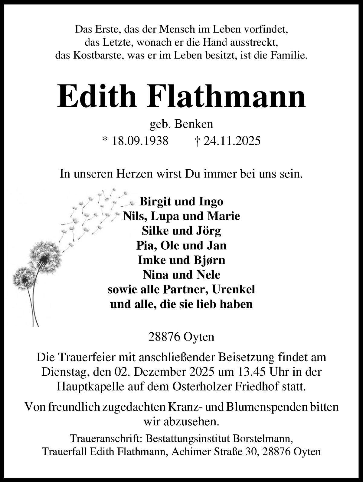 Traueranzeige von Edith Flathmann von WESER-KURIER
