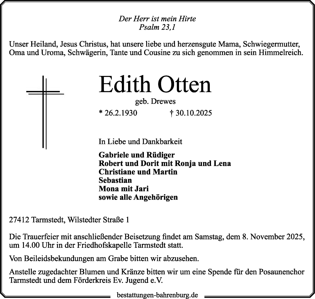 Traueranzeige von Edith Otten von Wuemme Zeitung