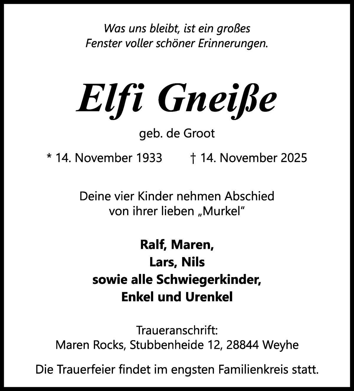 Traueranzeige von Elfi Gneiße von WESER-KURIER
