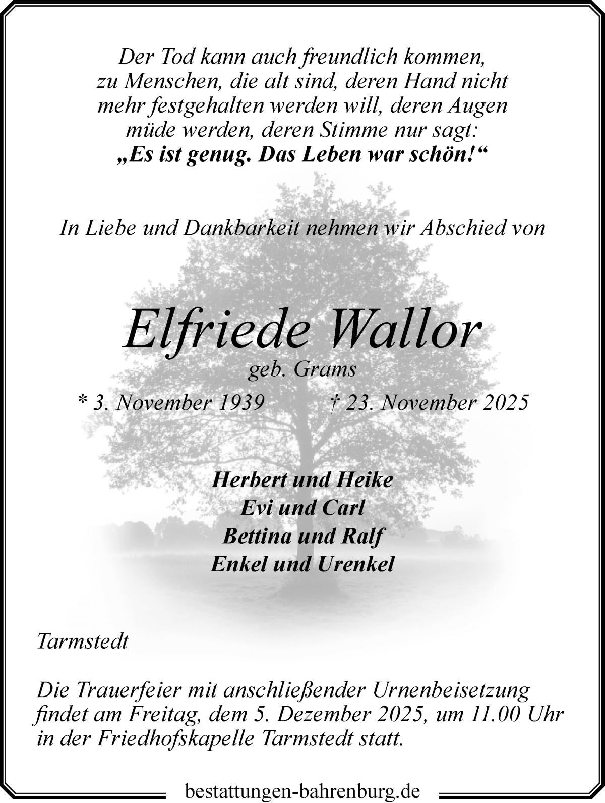 Traueranzeige von Elfriede Wallor von WESER-KURIER und Wümme Zeitung