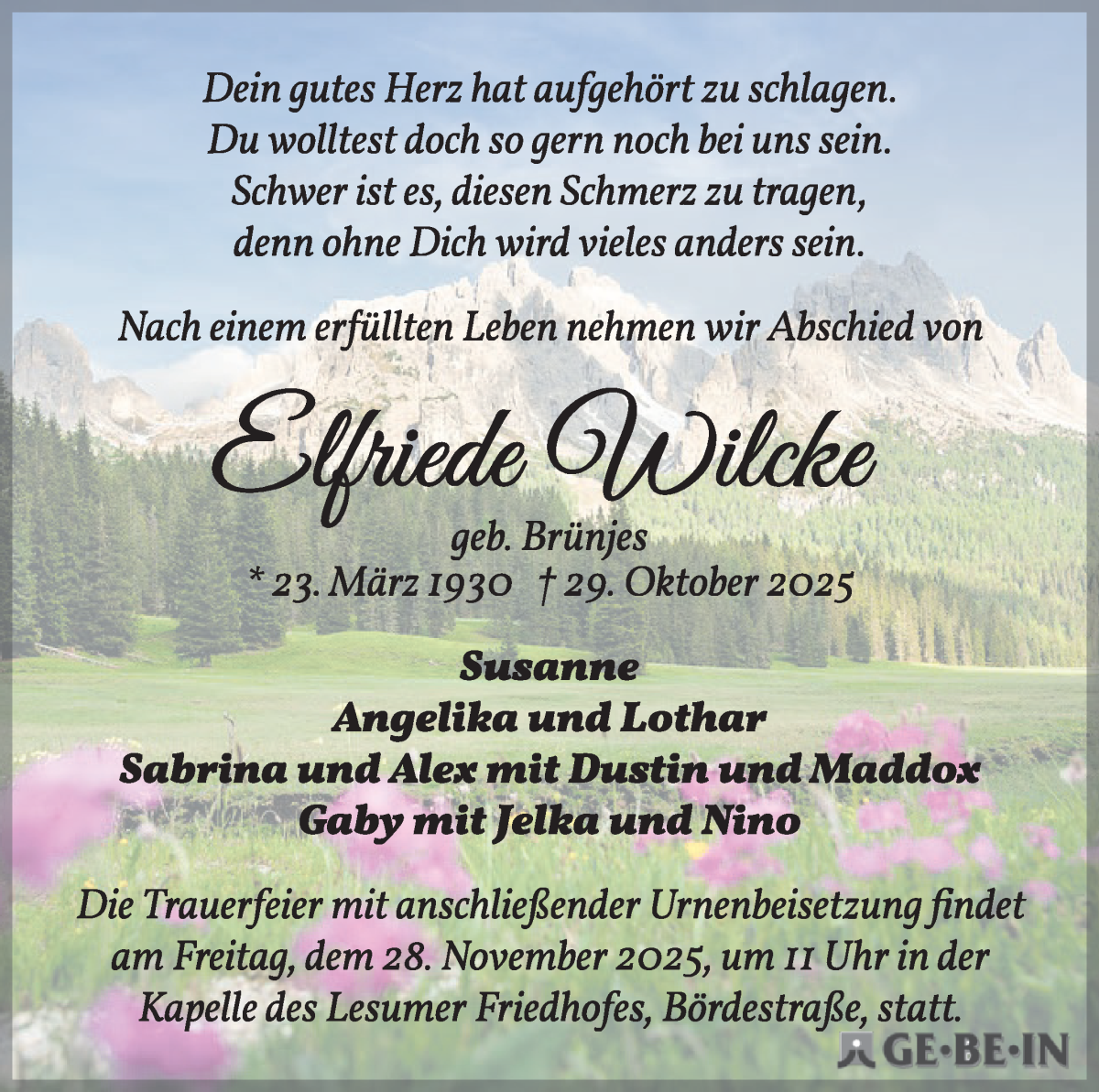 Traueranzeige von Elfriede Wilcke von WESER-KURIER