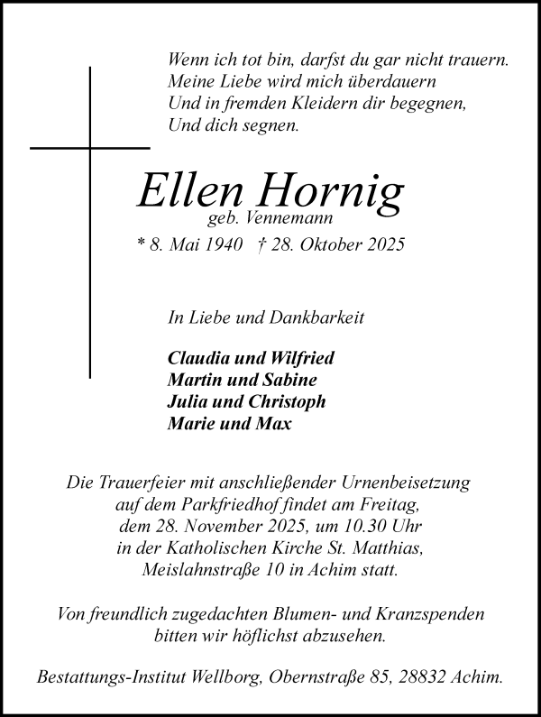 Traueranzeige von Ellen Hornig von WESER-KURIER