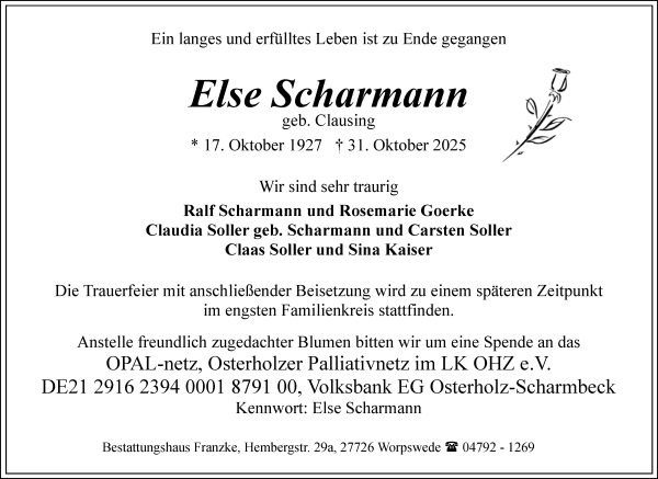 Traueranzeige von Else Scharmann von WESER-KURIER