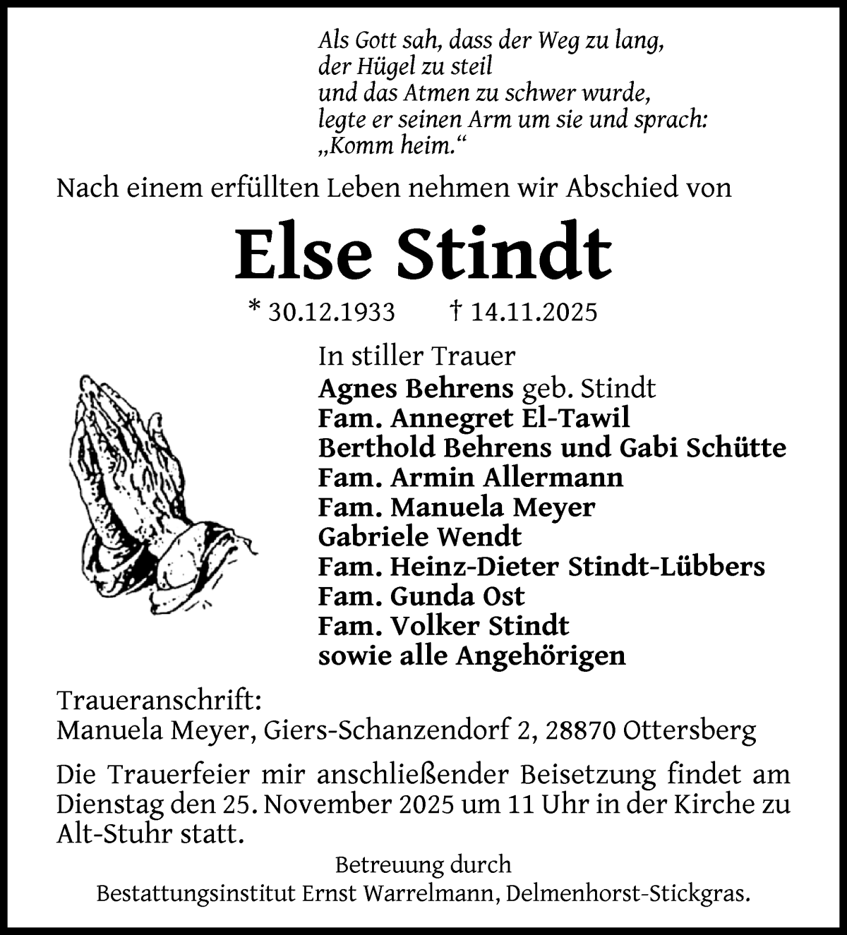 Traueranzeige von Else Stindt von WESER-KURIER
