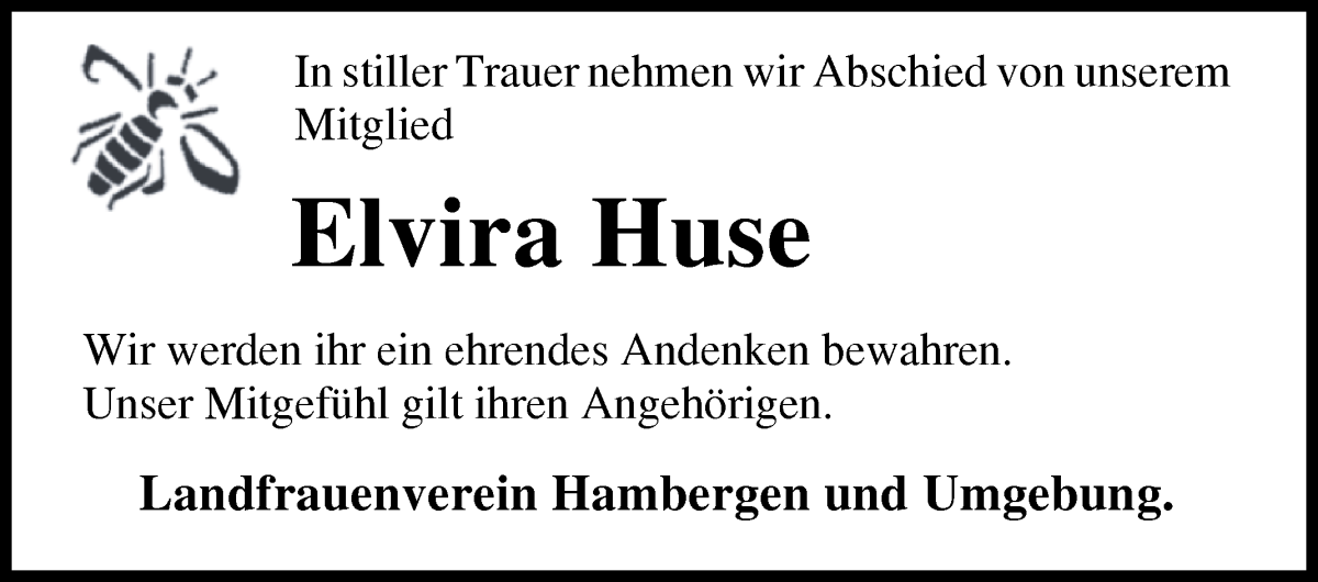 Traueranzeige von Elvira Huse von Osterholzer Kreisblatt
