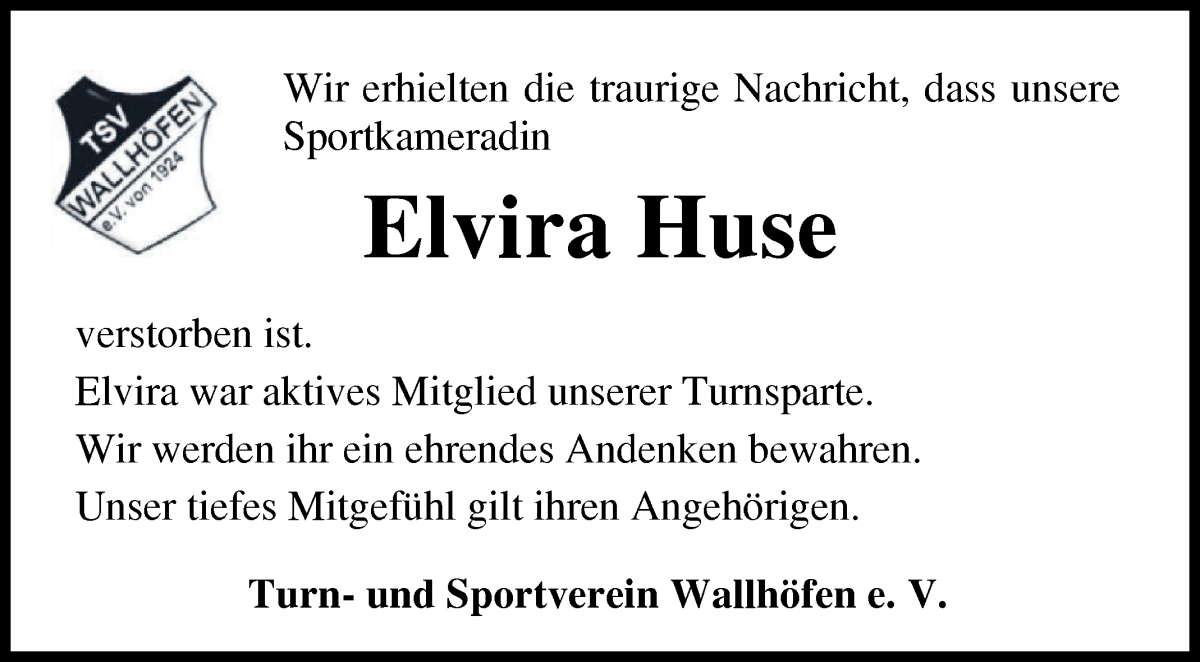 Traueranzeige von Elvira Huse von Osterholzer Kreisblatt