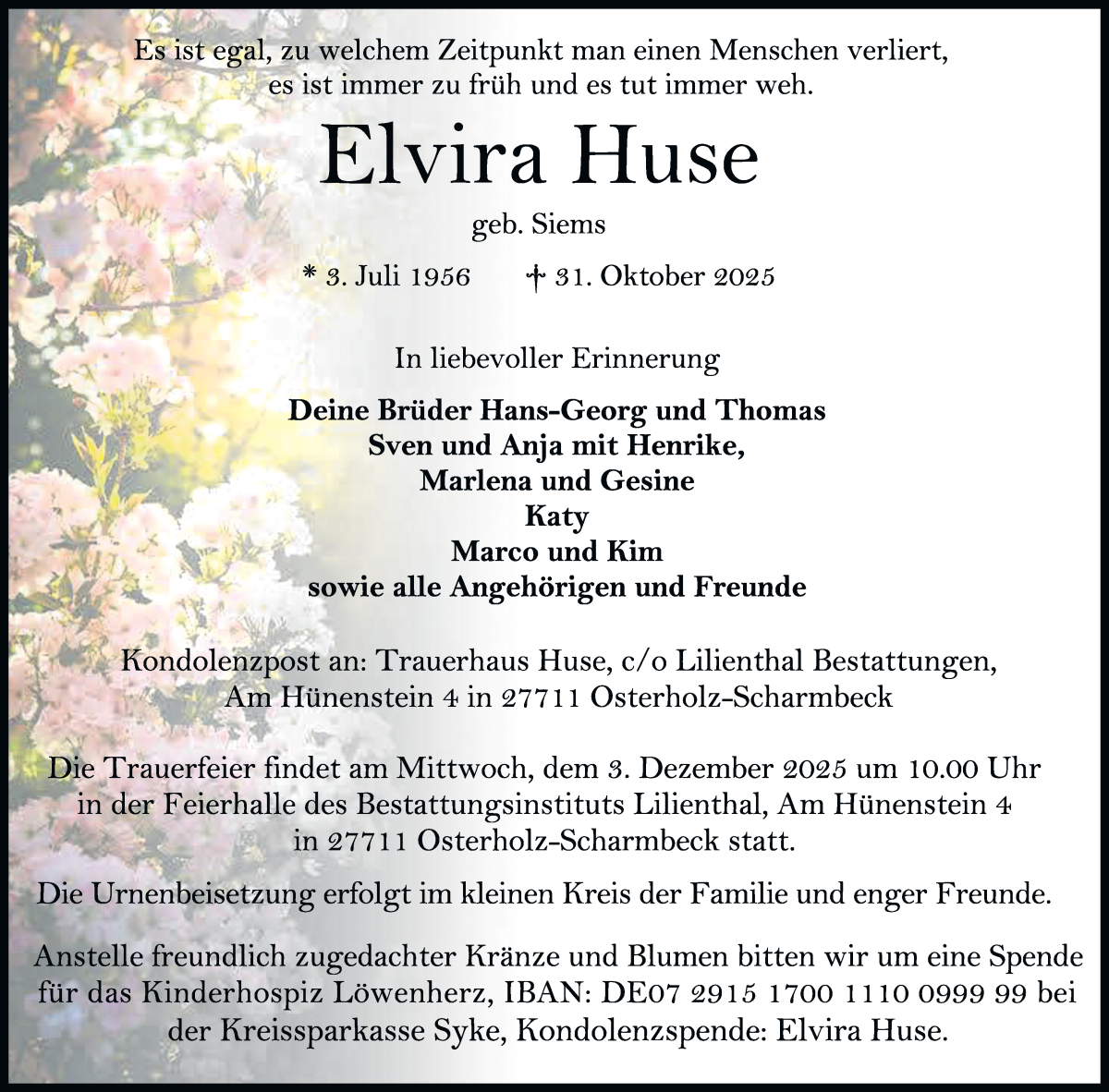 Traueranzeige von Elvira Huse von Osterholzer Kreisblatt
