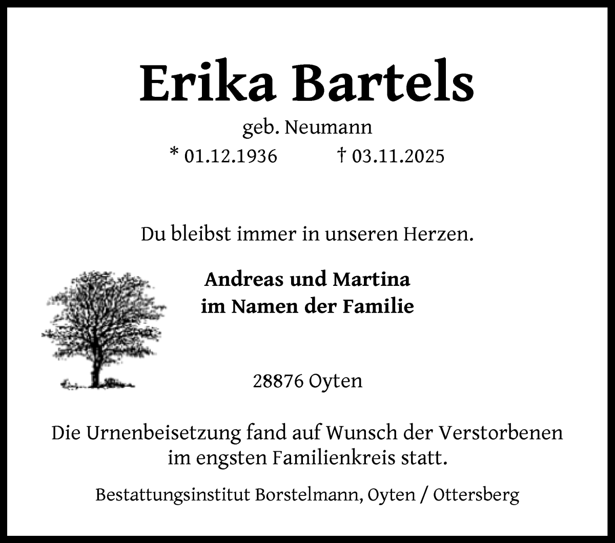 Traueranzeige von Erika Bartels von Achimer Kurier/Verdener Nachrichten