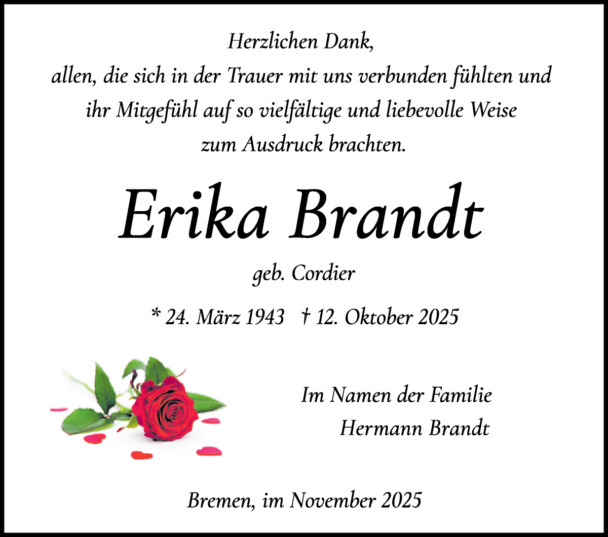 Traueranzeige von Erika Brandt von WESER-KURIER