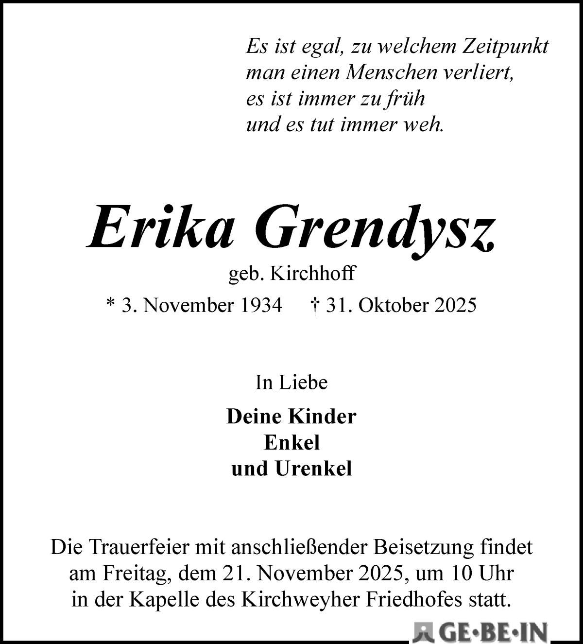 Traueranzeige von Erika Grendysz von WESER-KURIER