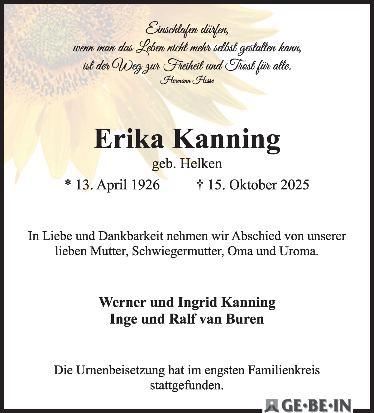 Traueranzeige von Erika Kanning von WESER-KURIER