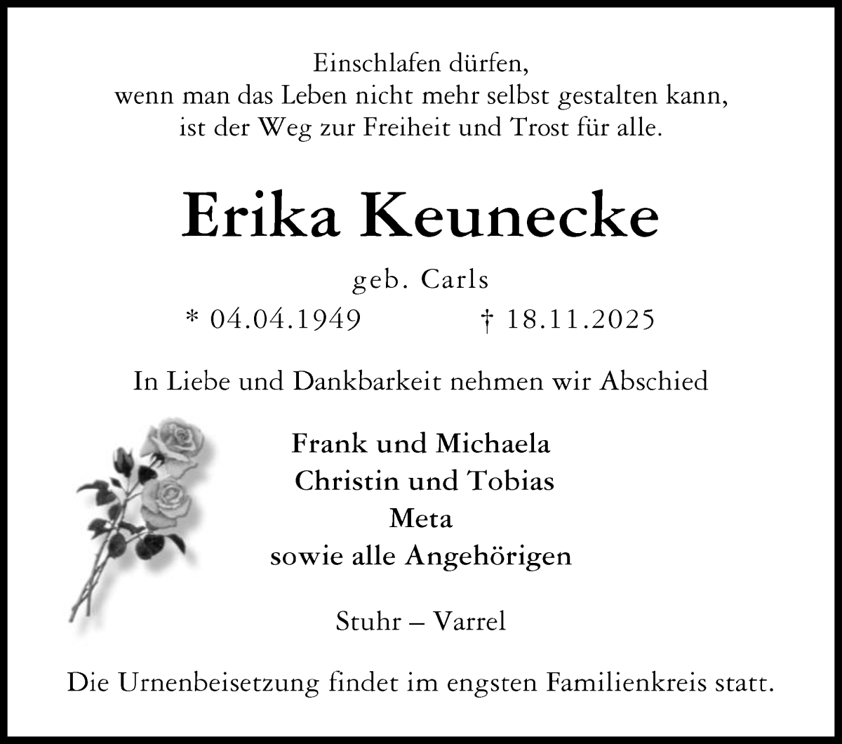 Traueranzeige von Erika Keunecke von WESER-KURIER