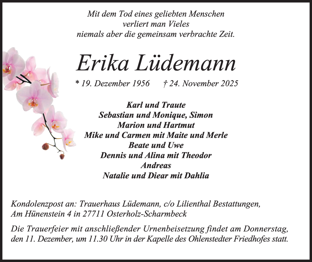 Traueranzeige von Erika Lüdemann von Osterholzer Kreisblatt