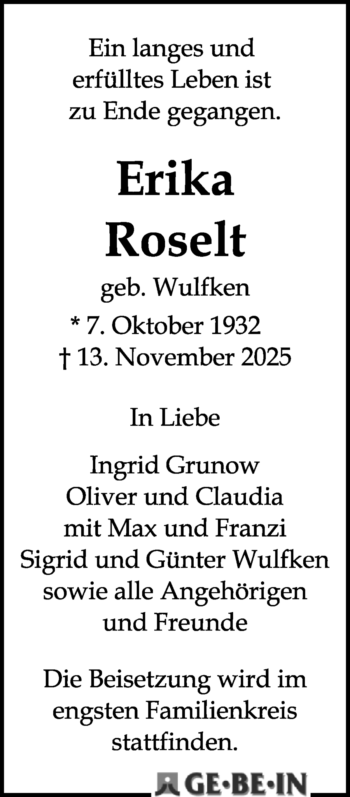 Traueranzeige von Erika Roselt von WESER-KURIER