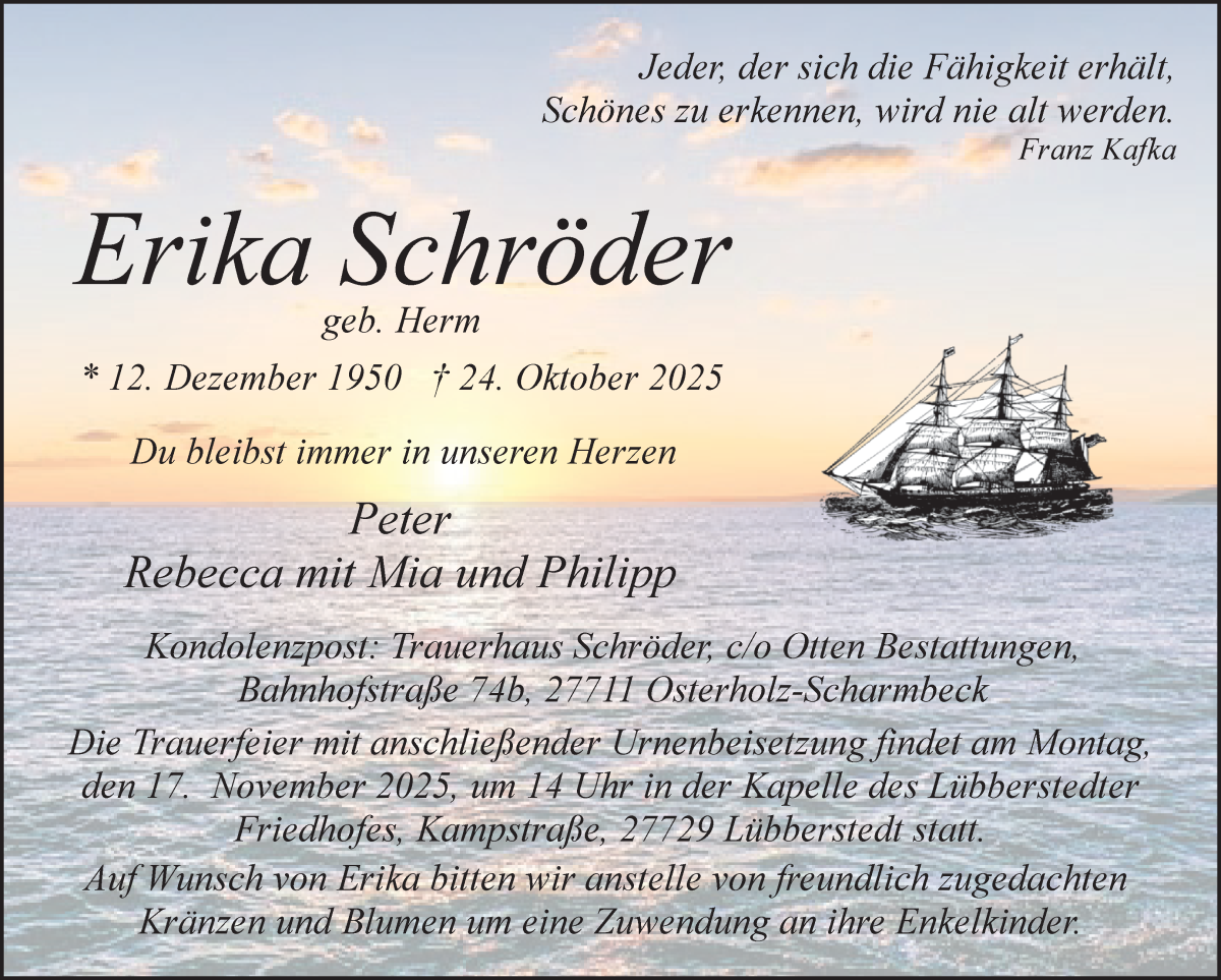 Traueranzeige von Erika Schröder von Osterholzer Kreisblatt