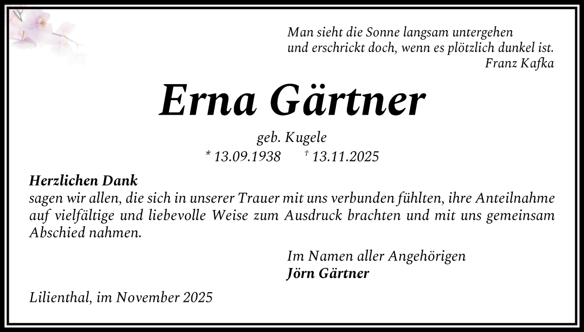 Traueranzeige von Erna Gärtner von Wuemme Zeitung